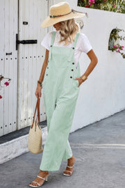 Solid Square Neck Button Trim Pockets Jumpsuit