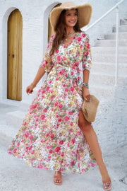 Floral Print V Neck Waist Cinched Split Long Dress