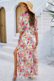 Floral Print V Neck Waist Cinched Split Long Dress