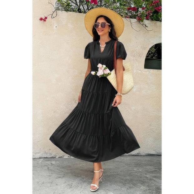 Solid V Neck Color Block Elastic Waist Dress