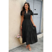 Solid V Neck Color Block Elastic Waist Dress