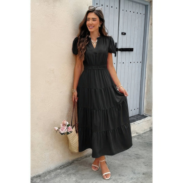 Solid V Neck Color Block Elastic Waist Dress