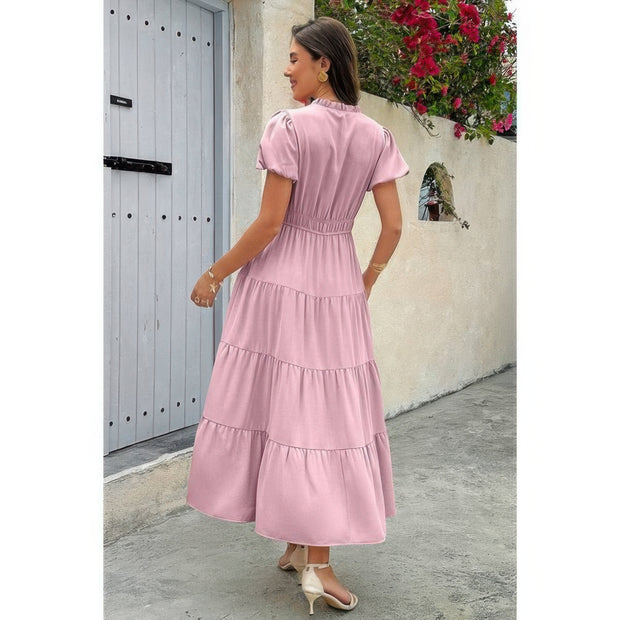 Solid V Neck Color Block Elastic Waist Dress
