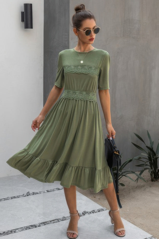 Round Neck Lace Detail Ruffle Hem Midi Dress