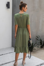 Round Neck Lace Detail Ruffle Hem Midi Dress