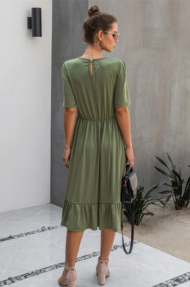 Round Neck Lace Detail Ruffle Hem Midi Dress