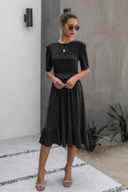 Round Neck Lace Detail Ruffle Hem Midi Dress