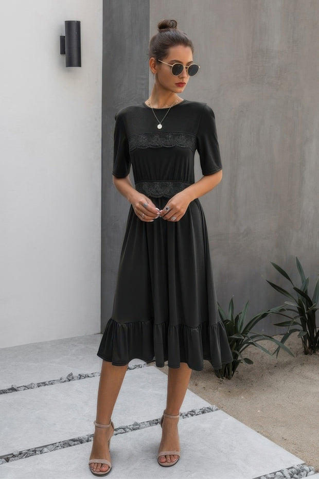 Round Neck Lace Detail Ruffle Hem Midi Dress