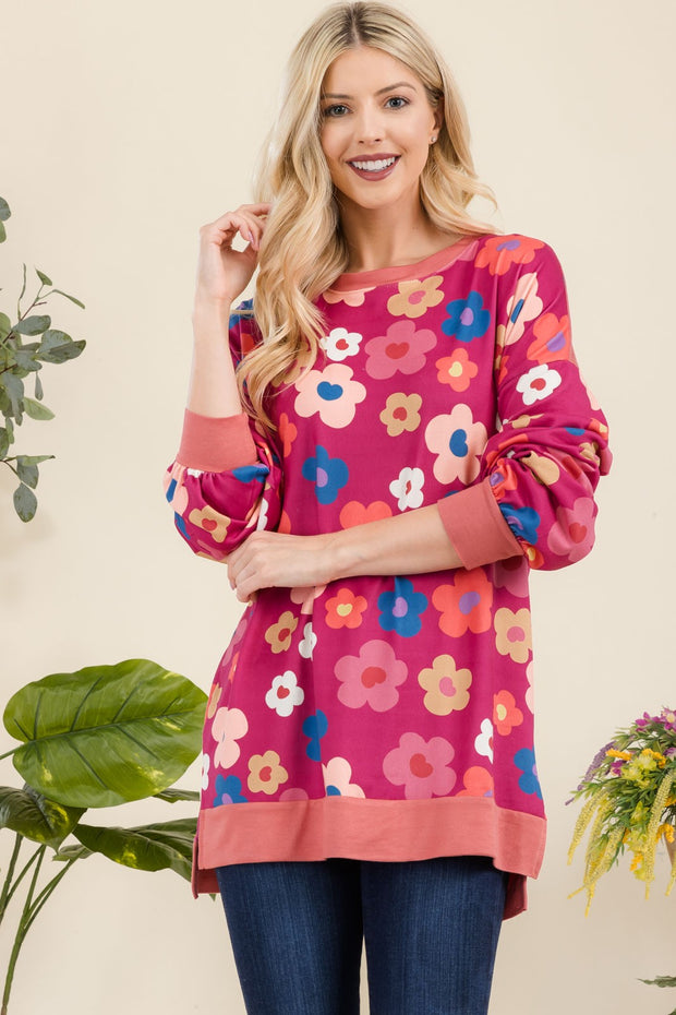 Celeste Full Size Side Slit Flower Print Long Sleeve Top