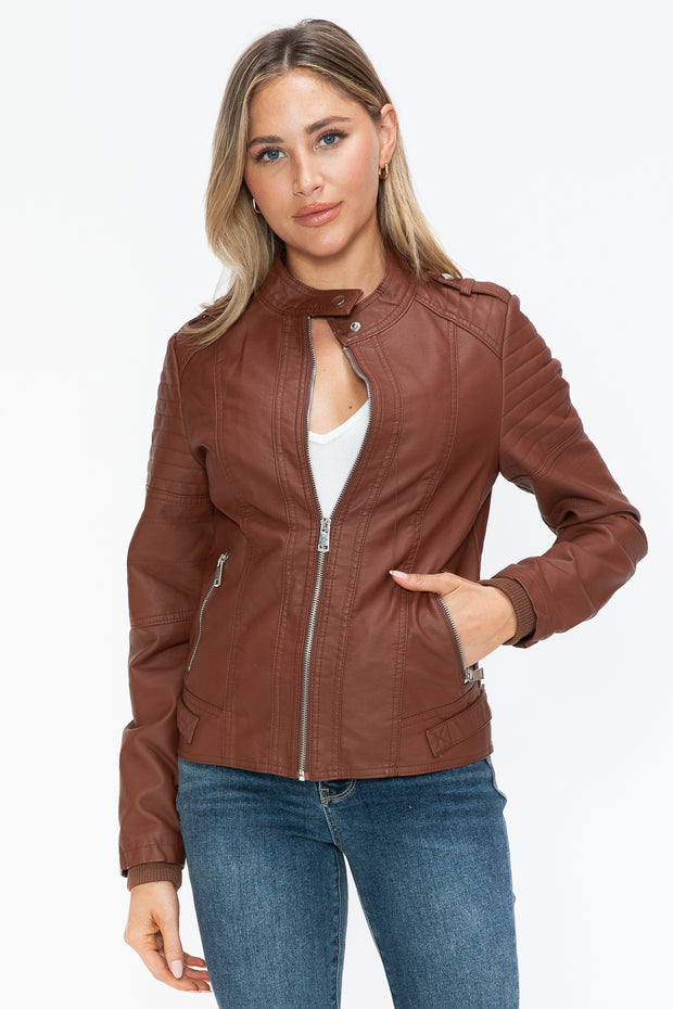 Snobbish PU Leather Biker Jacket with Side Zip Pockets