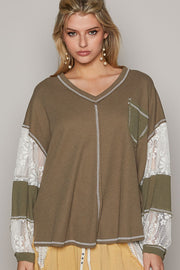 POL V-Neck Lace Balloon Sleeve Exposed Seam Top