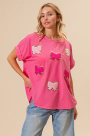 BiBi French Terry Drop Shoulder Bow Patched T-Shirt