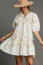 Umgee Full Size Embroidered Puff Sleeve Babydoll Dress Plus Size