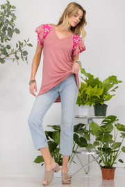 Celeste Full Size Floral Contrast Short Sleeve Top