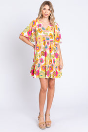 GeeGee Floral V-Neck Ruffle Hem Mini Dress