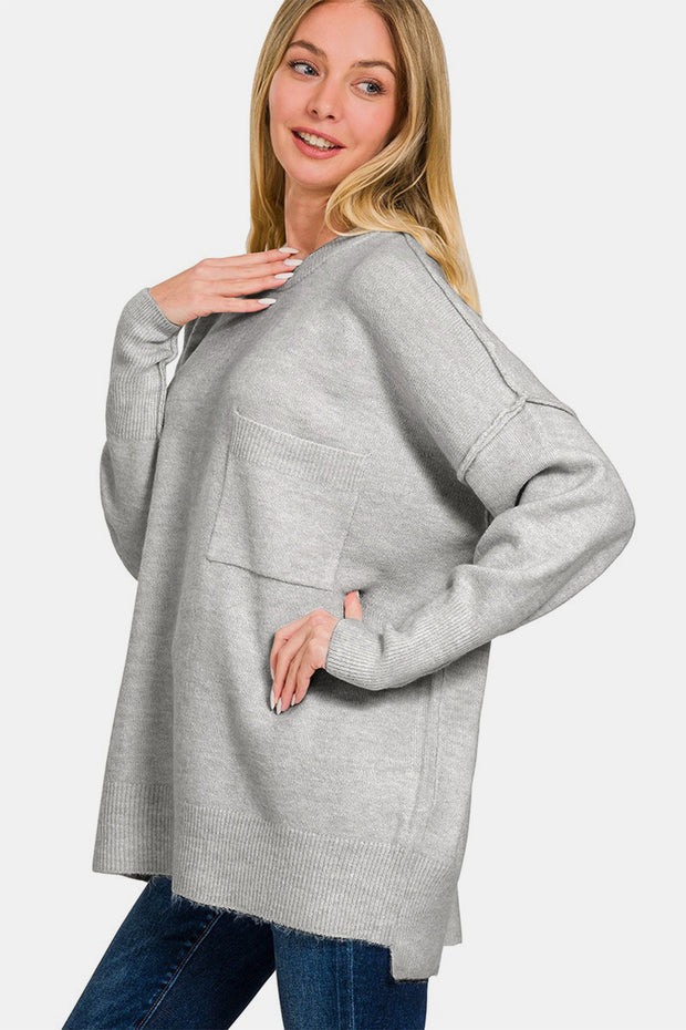 Zenana High-Low Hem Drop Shoulder Sweater