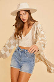 Annie Wear Checkered Open Front Drop Shoulder Cardigan