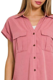 Zenana Tencel V-neck Collared Top With Front Flap Pockets