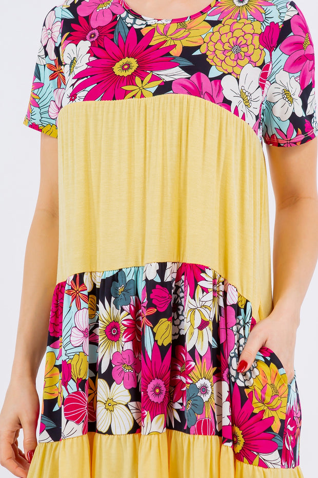 Celeste Full Size Color Block Floral Round Neck Short Sleeve Dress