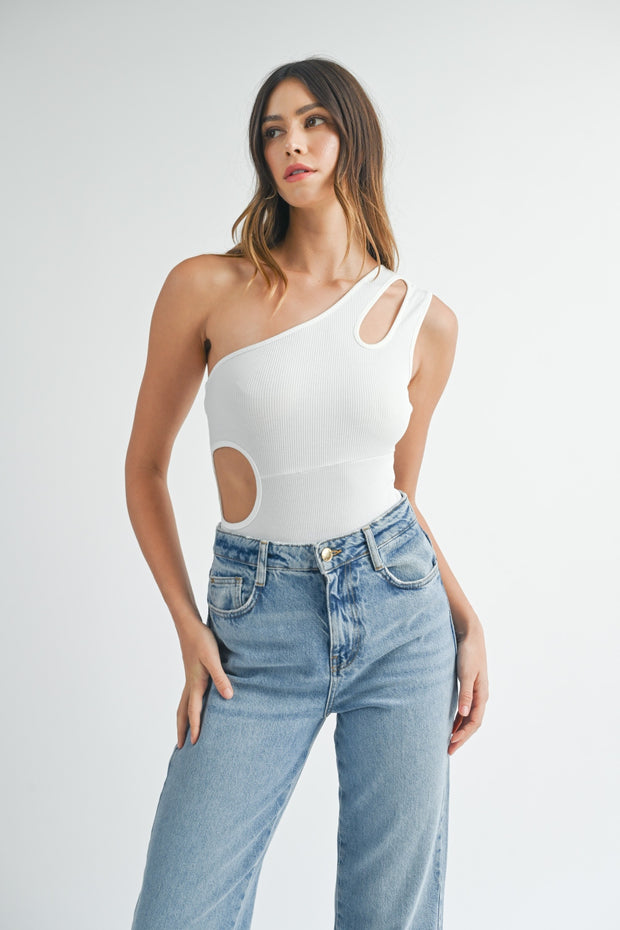 MABLE One Shoulder Ribbed Cutout Detail Bodysuit