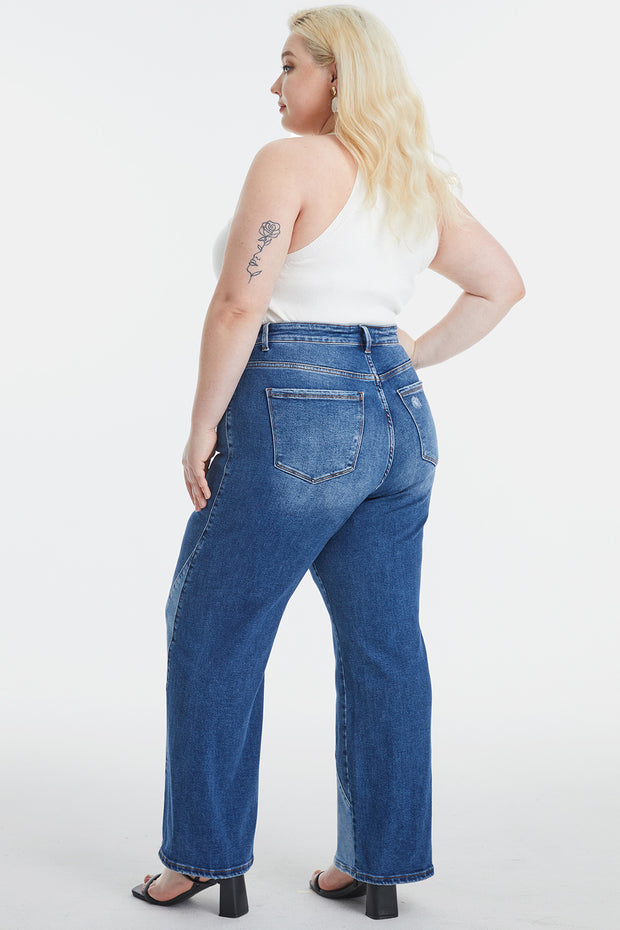 BAYEAS Full Size High Waist Two-Tones Patched Wide Leg Jeans