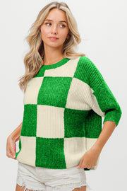 BiBi Checkered Contrast Round Neck Sweater