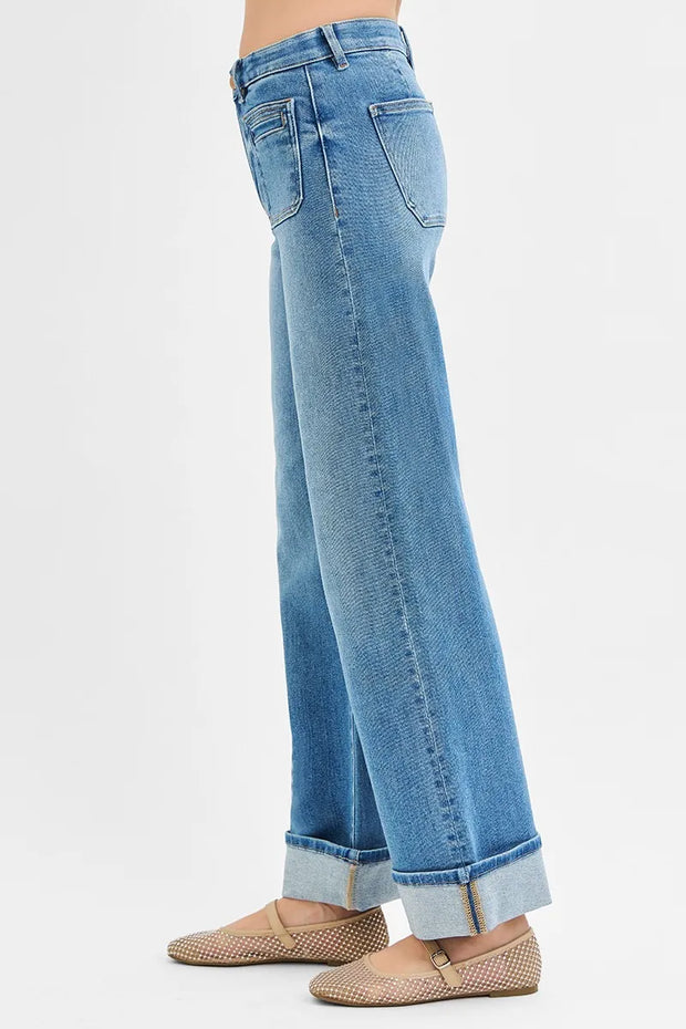 RISEN Full Size Elastic Band Mid Rise Wide Front Patch Pocket Cuff Jeans Plus Size