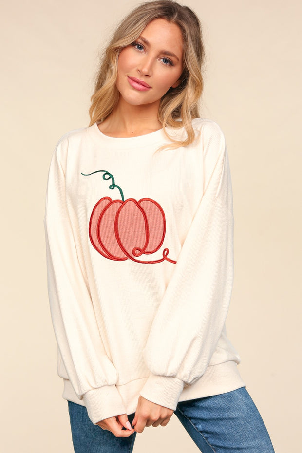 Haptics Full Size Embroidery Pumpkin Long Sleeve Knit Top