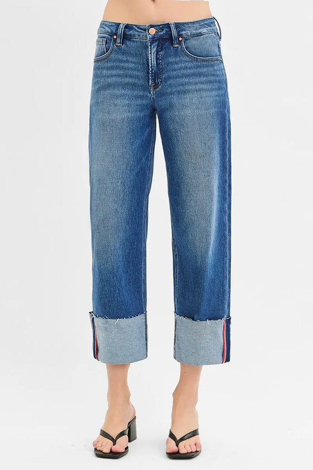 RISEN Full Size Tummy Control Mid Rise Crop Wide Cuffed Jeans Plus Size