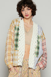 POL Raw Edge Plaid Open Front Cardigan