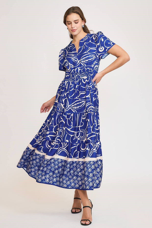 Umgee Full Size Printed Notched Short Sleeve Tiered Dress Plus Size