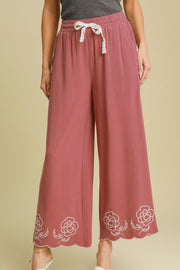 Umgee Full Size Linen Blend Wide Leg Pants with Scalloped Hemline Plus Size