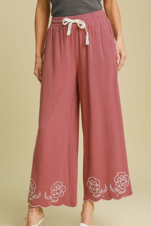 Umgee Full Size Linen Blend Wide Leg Pants with Scalloped Hemline Plus Size