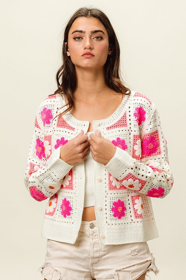 BiBi Flower Crochet Lace Button Up Cardigan