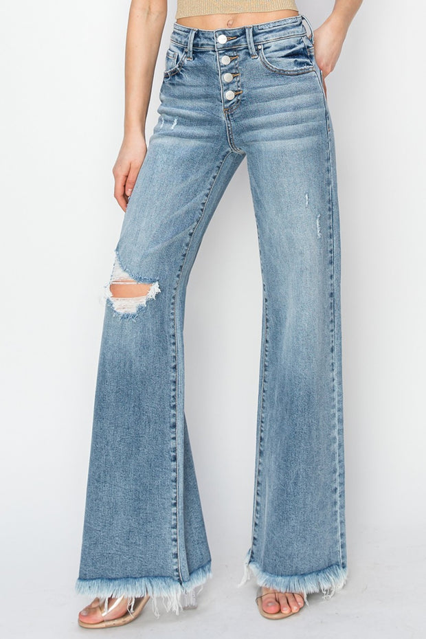 RISEN Mid Rise Button Fly Wide Leg Jeans - Spicy and Sexy