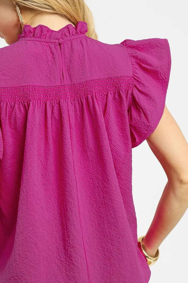 Umgee Textured Ruffled Cap Sleeve Blouse