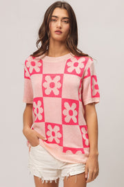 BiBi Flower Checker Pattern Short Sleeve Sweater