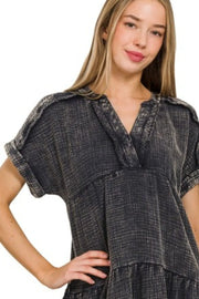 Zenana Washed Double Gauze Raw Edge V-neck Dress