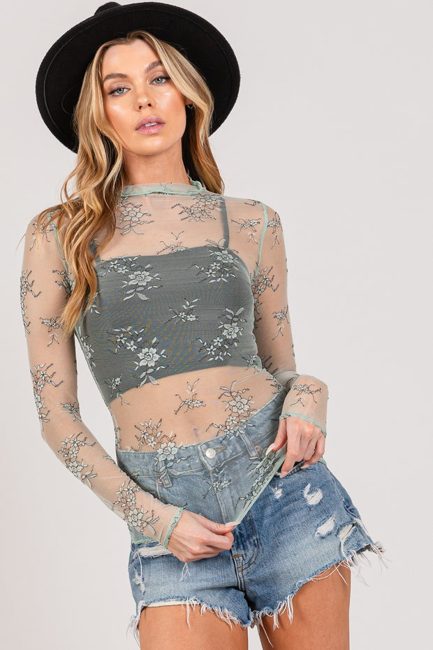 SAGE + FIG Mesh Long Sleeve Sheer Floral Embroidery Top