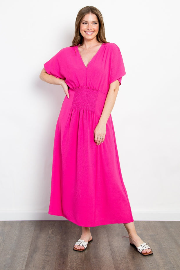 Be Stage Full Size Shirred Front Short Sleeve Maxi Dress