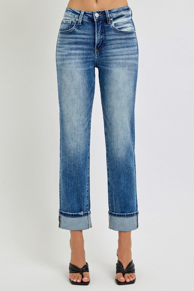 RISEN Full Size High Rise Crop Straight Roll Up Jeans