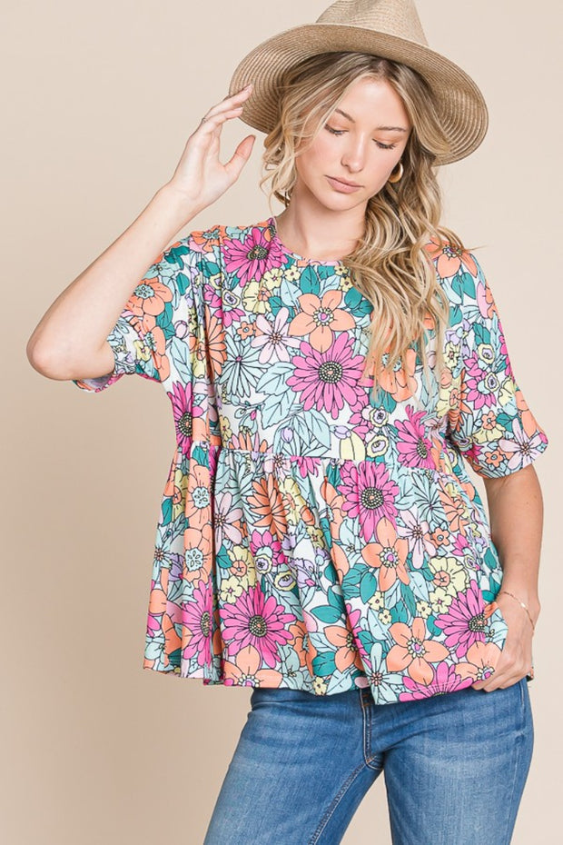 BOMBOM Floral Round Neck Short Sleeve Blouse - Spicy and Sexy