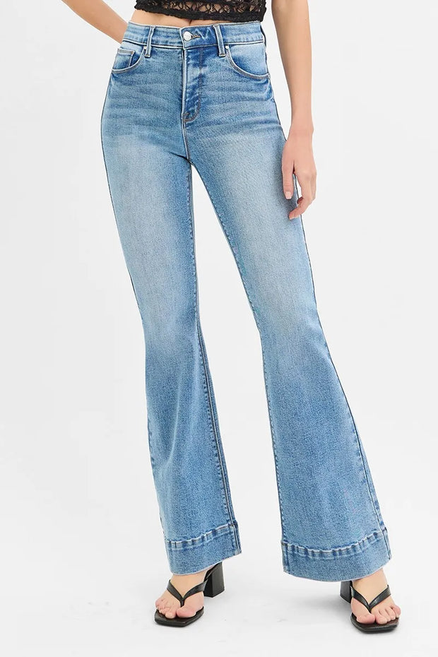 RISEN Full Size Tummy Control Elastic Band High Rise Flare Jeans Plus Size