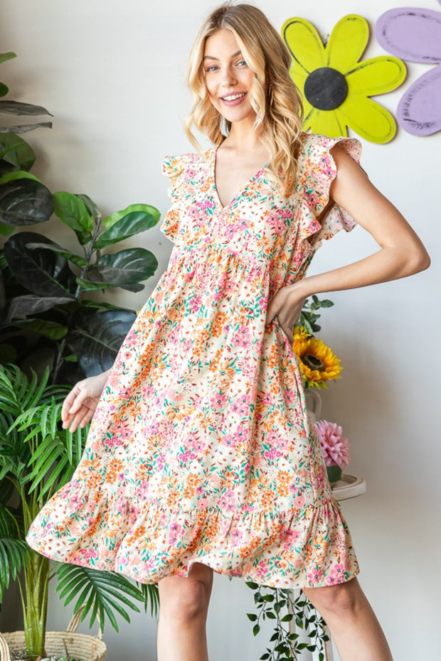 Heimish Full Size Floral Ruffled V-Neck Dress
