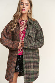 J.NNA Snap Down Tweed Plaid Contrast Longline Shacket