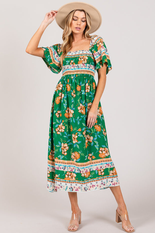SAGE + FIG Printed Smocked Short Sleeve Midi Dress - Spicy and Sexy