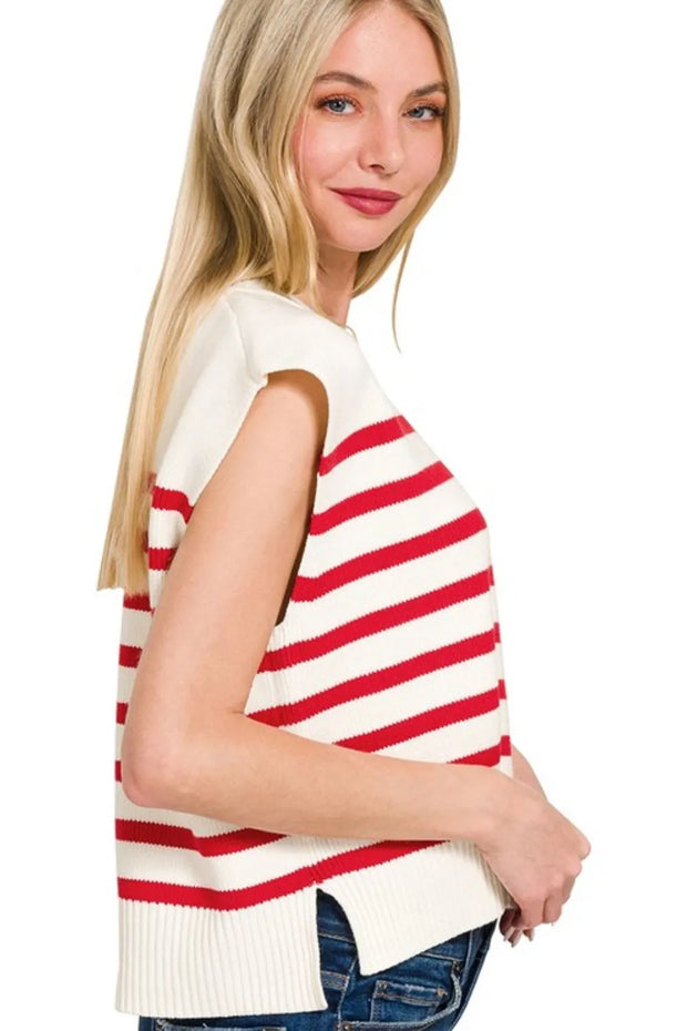 Zenana Oversized Crew Neck Stripe Sweater Vest