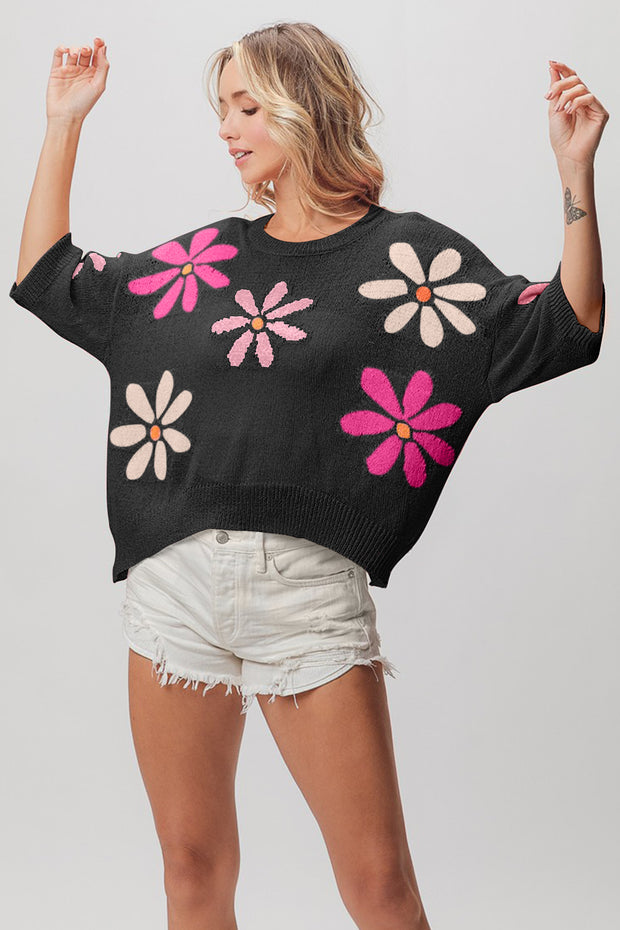 BiBi Floral Pattern Cropped Sweater