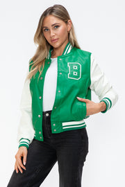 Love Me Now PU Leather Contrast Snap Down Bomber Jacket