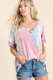 BiBi Tie Dye French Terry Top With Buttoned Placket